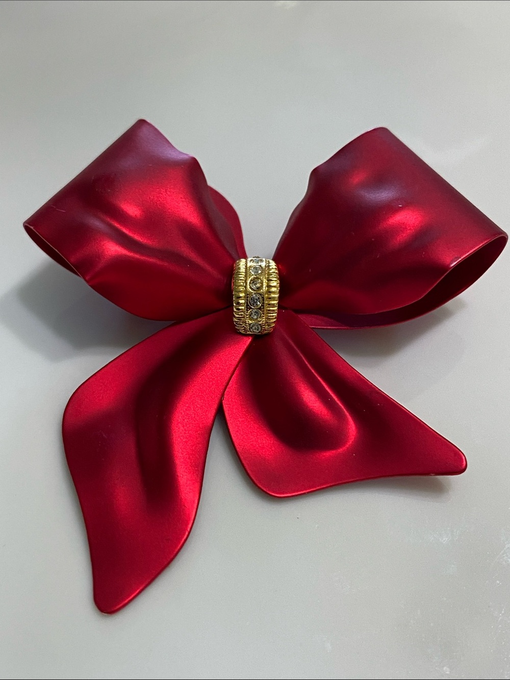 Red Satin Bow Brooch with Gold Rhinestone Center